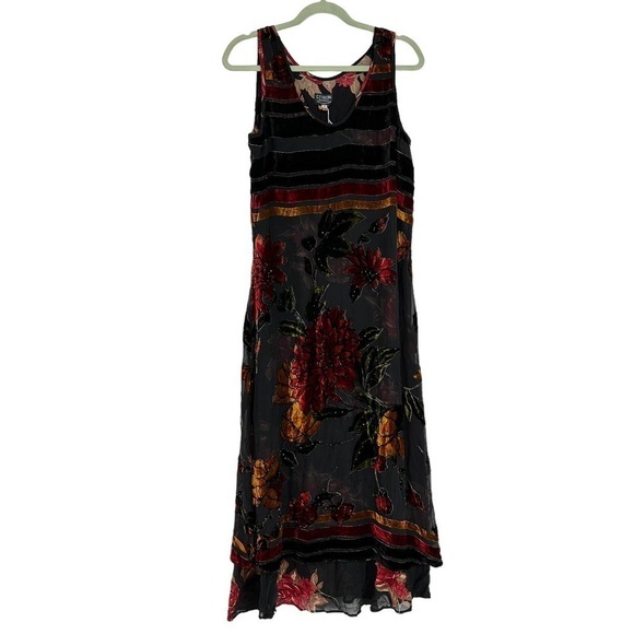 NEW Citron Silk Maxi Dress and Jacket Floral Print Velvet Beaded Fall - Picture 1 of 15
